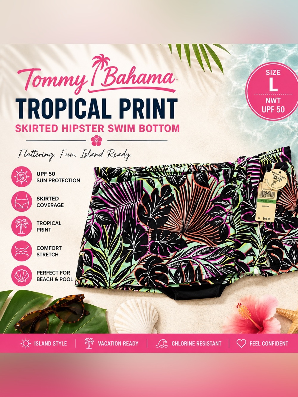 Tommy Bahama Tropical Print Skirted Hipster Swim Bottom Size L NWT UPF 50